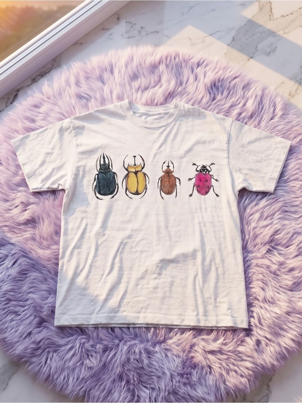 White T-Shirt with Colorful Beetle Print - Casual Pet-Inspired Tee